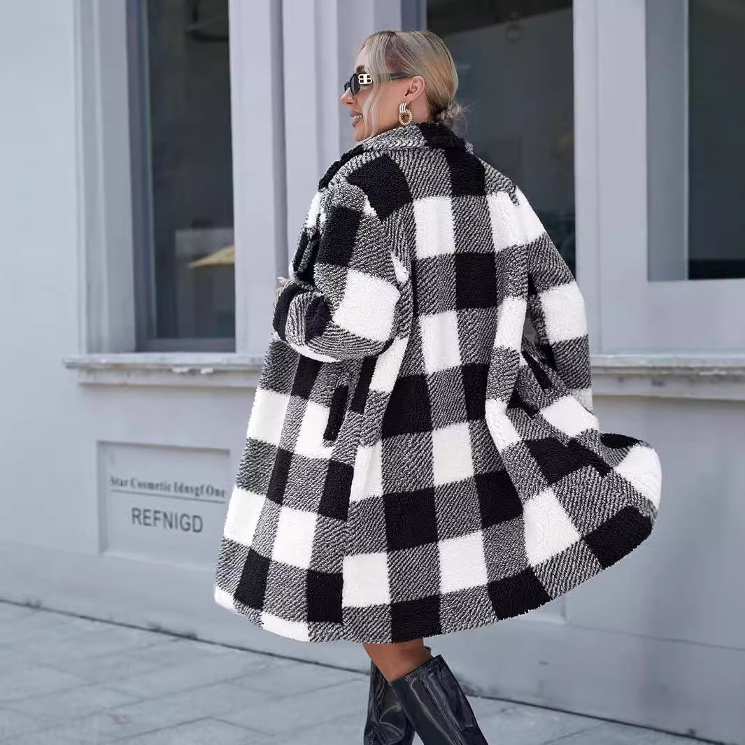 new New autumn women's clothing lapel long-sleeved buckle-free plaid long loose casual coat coat
