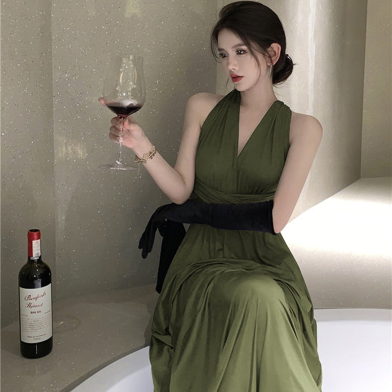 2025 high-end sense high-cold imperial sister style neck dress green evening dress high-end light luxury niche long dress summer