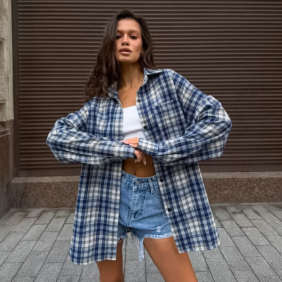 2025 Spring and summer fashion temperament polyester cotton shirt sleeves blue plaid shirt versatile pocket street style top women
