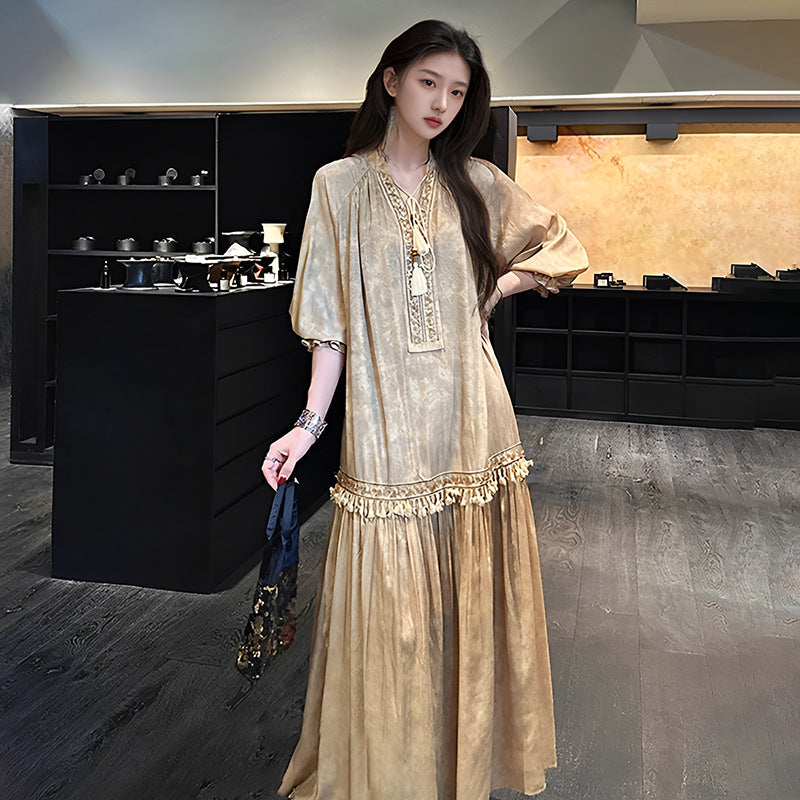 National style retro ethnic style design long dress summer webbing drawstring high-end light luxury dress women N4080