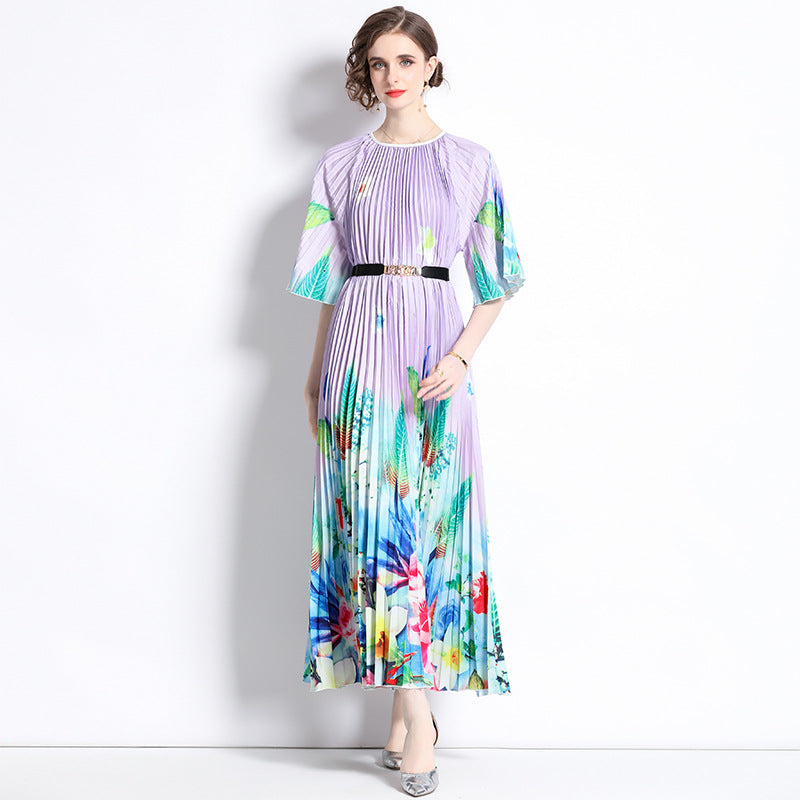 popular new literary and artistic style niche high-end positioning printing Miyake middle-sleeved crew neck dress