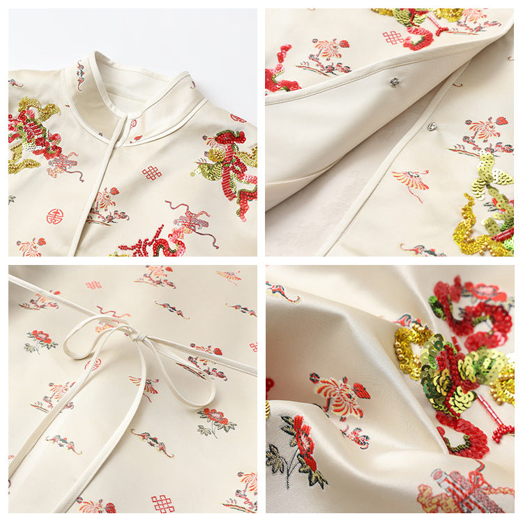 New Chinese style light luxury stand-up collar bead embroidery sleeveless sequins loose shirt vest long skirt set MZ055