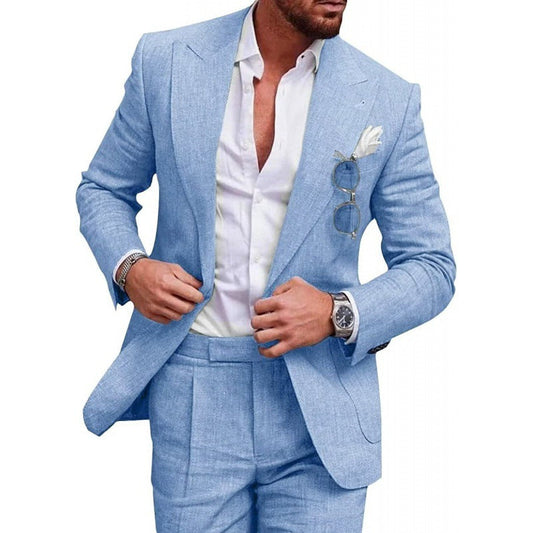 saferido      -shop men’s haircuts Linen New Men's plus Size Grab Collar Suit Two-Piece Suit Single Row One Button Solid Color Suit