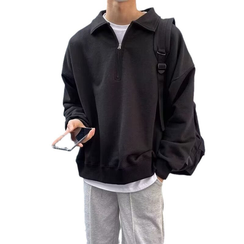 saferido -shop guys fits Black Half Zipper Lapel Sweater Men's Autumn New Korean Style Casual Personality Fashion Simple Top Outer Wear