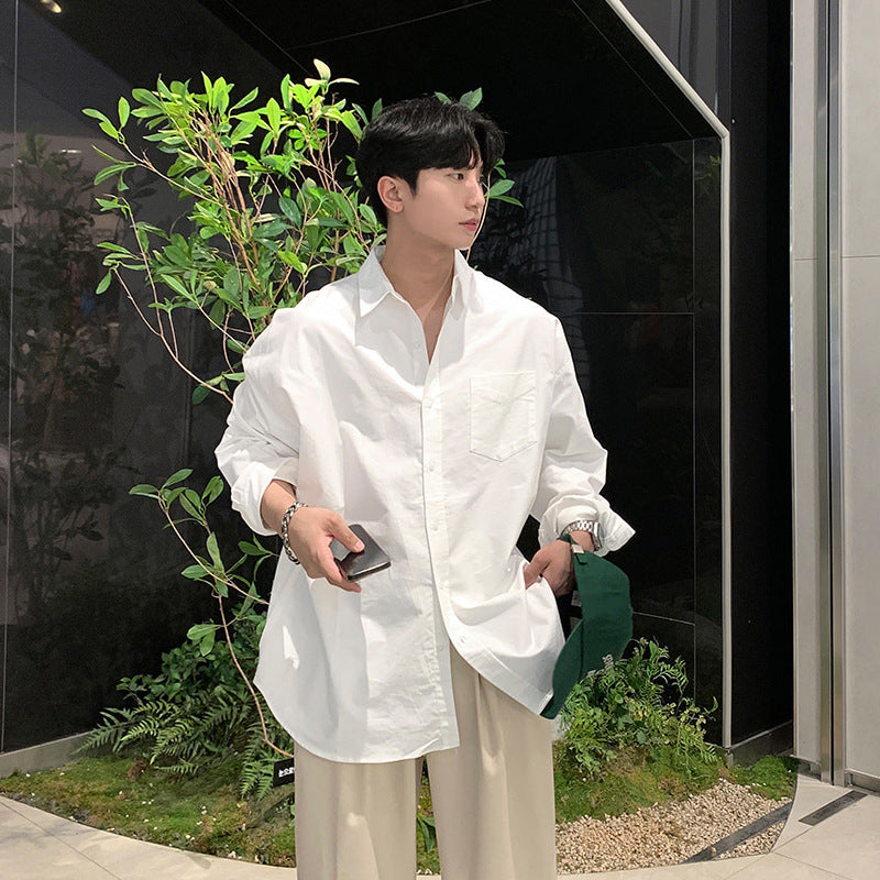 saferido mens fashion Youth White Shirt Men's Spring and Autumn New Korean Style Simple Solid Color Long Sleeve Shirt Loose Lazy Style Cotton