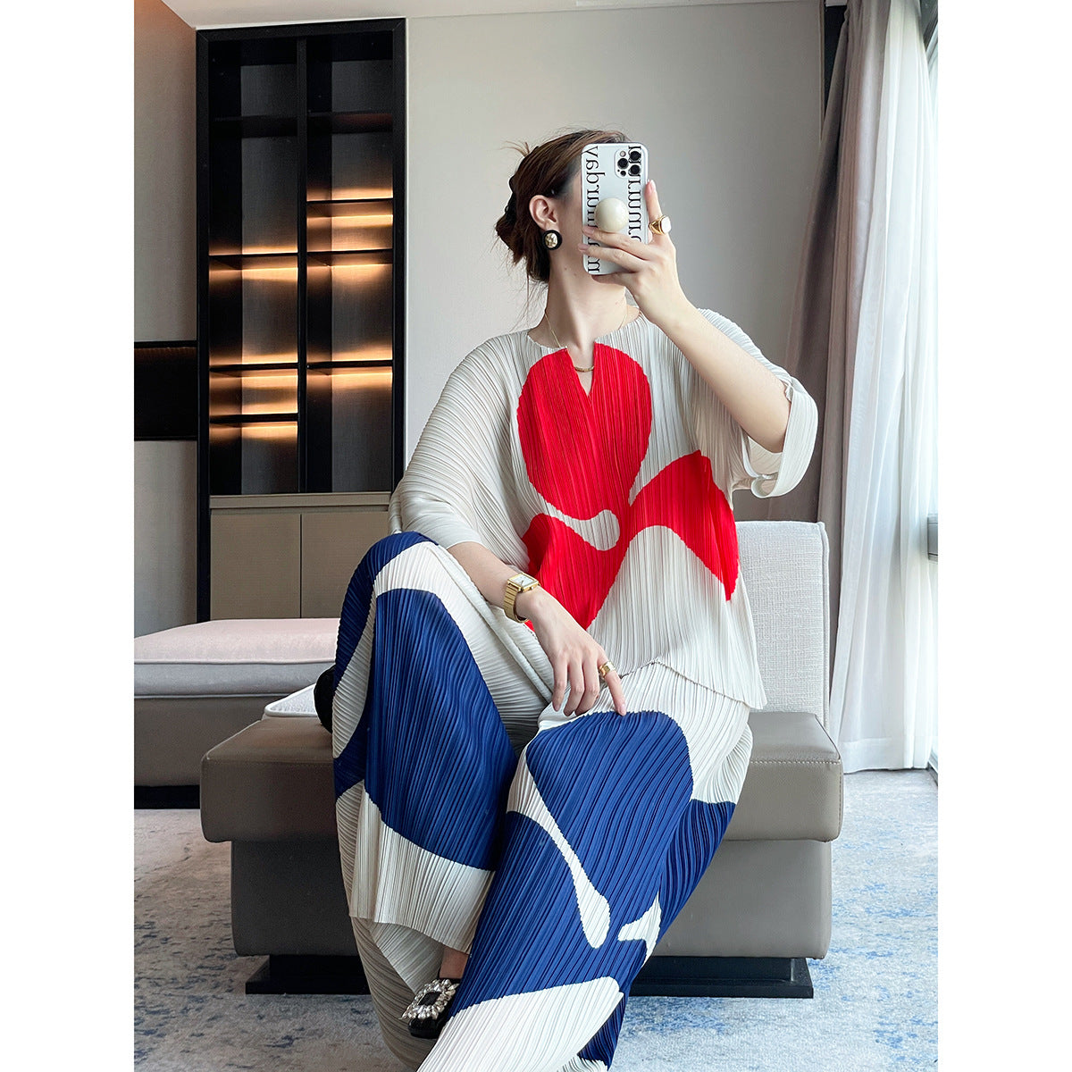 autumn new high-end printed fashion T-shirt pleated top women's loose casual pants two-piece set