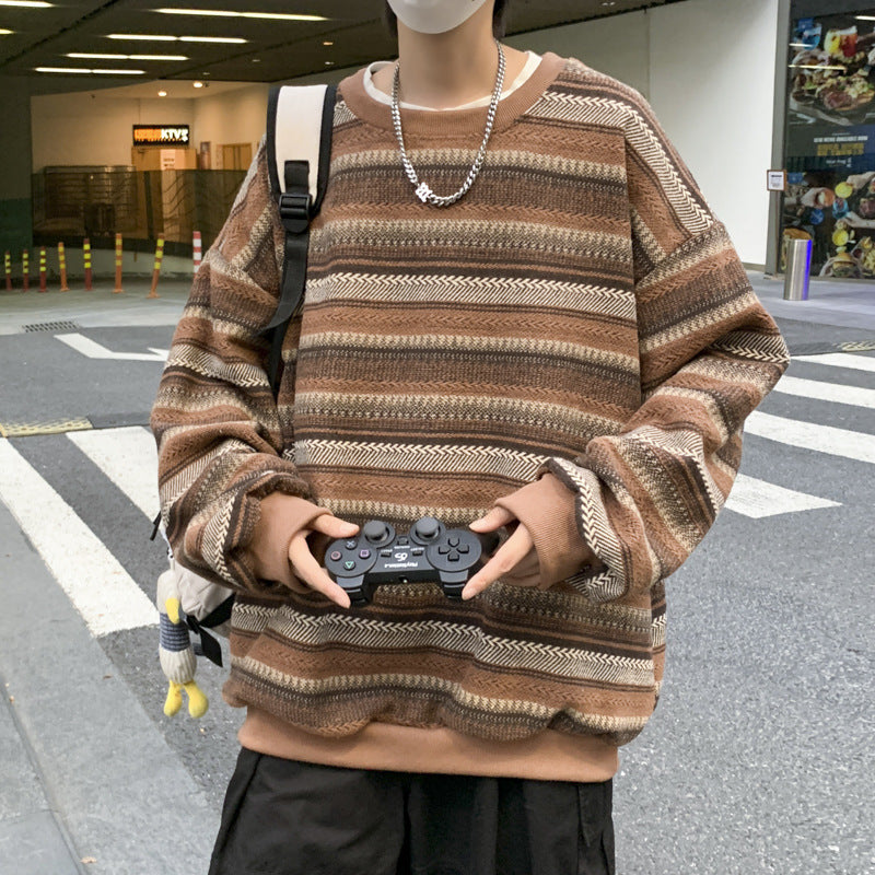 saferido -shop boy outfits Hong Kong Style Retro Striped Sweater Men's Autumn and Winter New Ins Trendy Korean Style Loose Couple Pullover Color Matching Sports Jacket