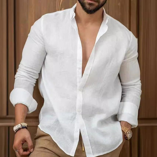 saferido      -shop men’s fall fashion Cotton and Linen Solid Color Men's Shirt Youth Casual