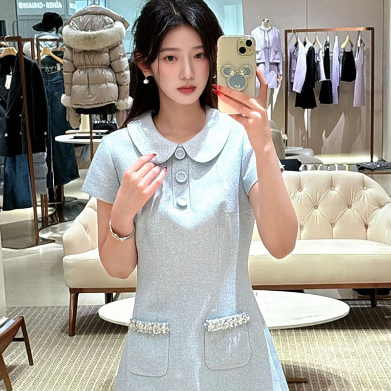 spring new small fragrant style lapel slim and thin small high-end age-reducing short-sleeved dress MZ038