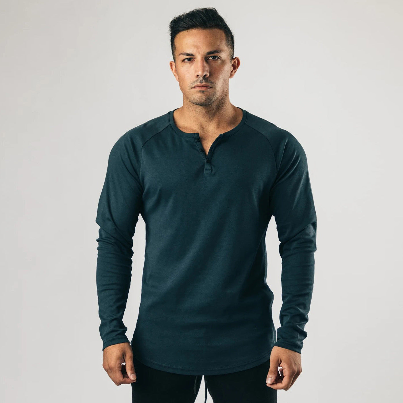 saferido      -shop men’s fashion Retro Henley Shirt Long-Sleeved T-shirt Solid Color Sports Fitness Bottoming Shirt Men's Cotton Stretch Thin V-neck Cardigan