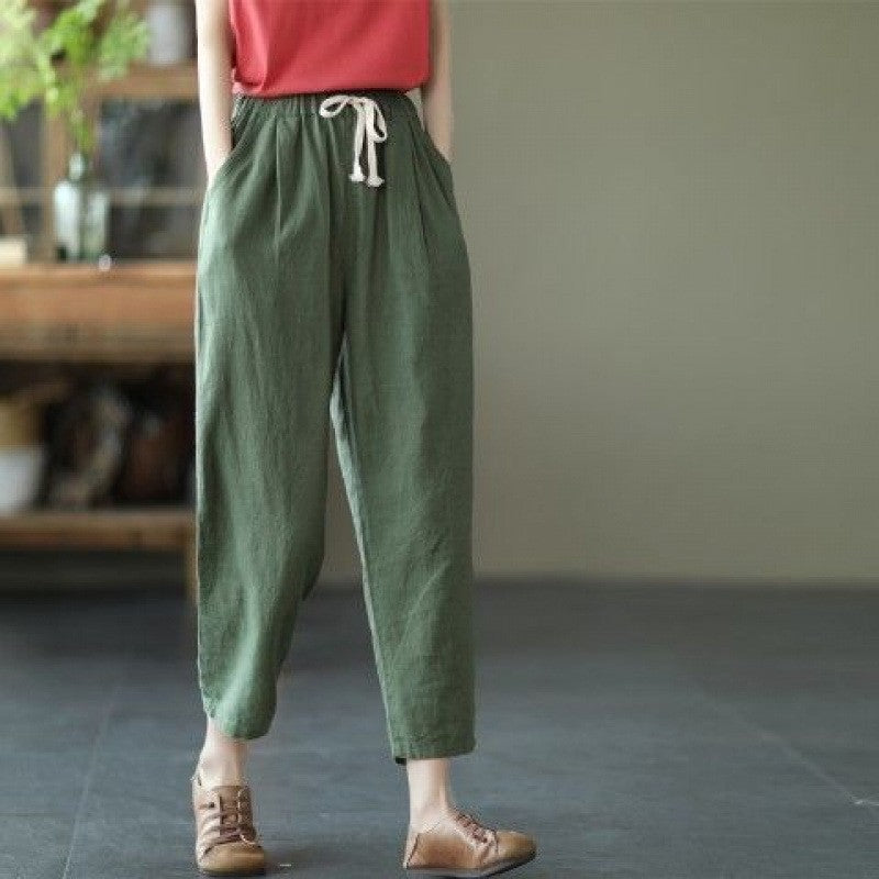 summer new literary and retro solid color simple Harlan pants loose large size versatile casual nine-point pants women