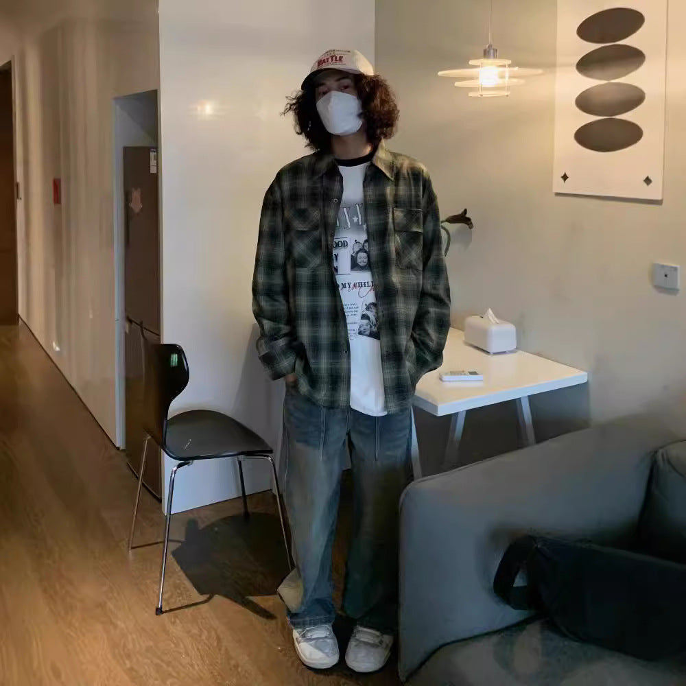 saferido      -shop men fall outfits American Autumn and Winter New Brushed Thickened All-Match Long-Sleeved Shirt Men's Plaid Casual Retro Couple