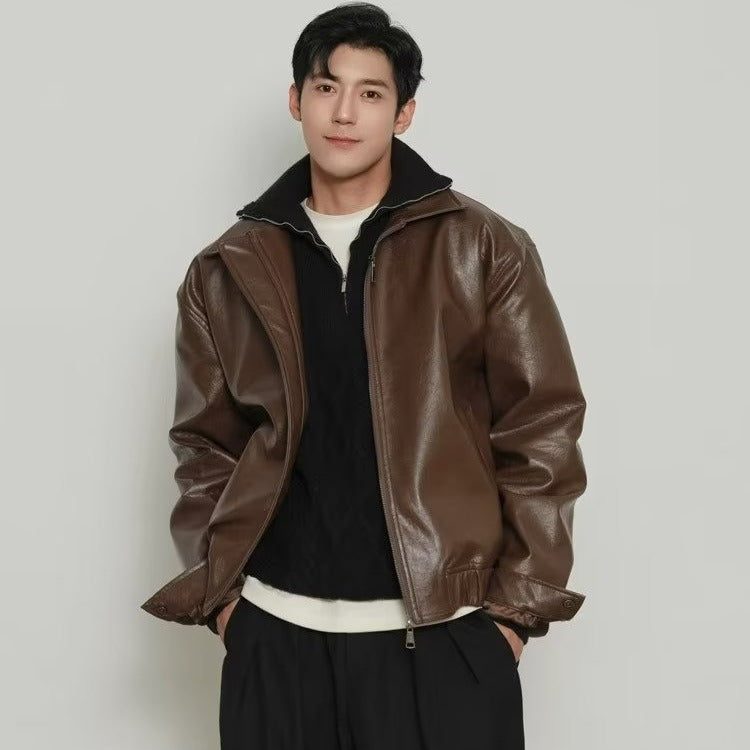 saferido      -shop 90s fashion men Retro Youth Short Leather Jacket Men's Loose Pu Shuai Motorcycle Clothing Light Luxury Pilot Leather Jacket Trendy