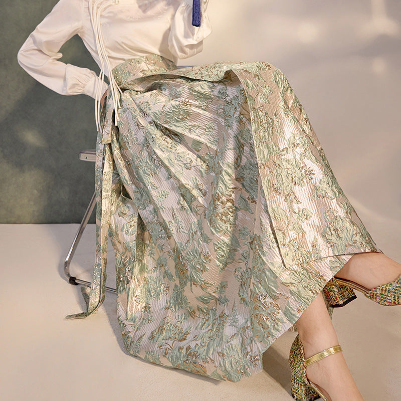 New Chinese style satin design top jacquard horse skirt high-end temperament shirt set LZ555