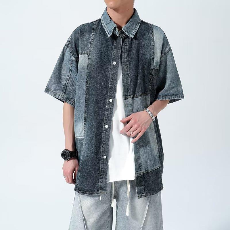 saferido 90s fashion men American-Style Retro Niche Stitching Denim Short-Sleeved Shirt Men's Shirt Junior Shirt Coat Women's Fashion