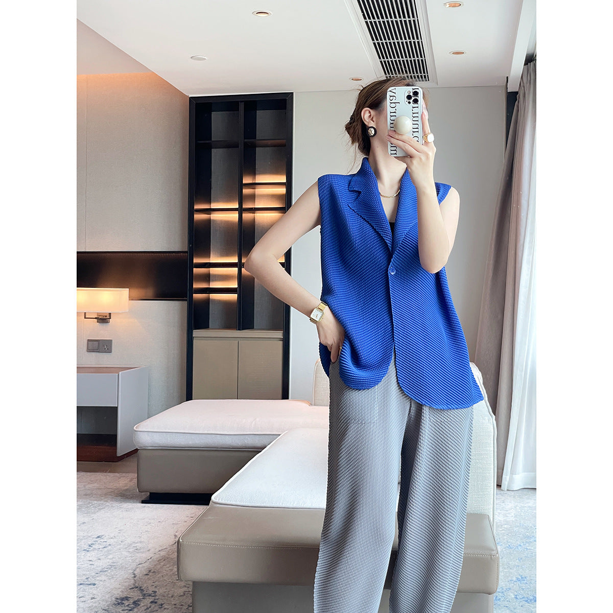 suit lapel solid color design sense fashion vest pleated jacket femininity commuting versatile and thin top