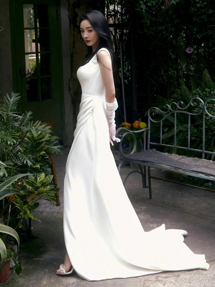 Satin light wedding dress, satin toast dress, bride's wedding dress, fashionable and atmospheric square collar, simple style style