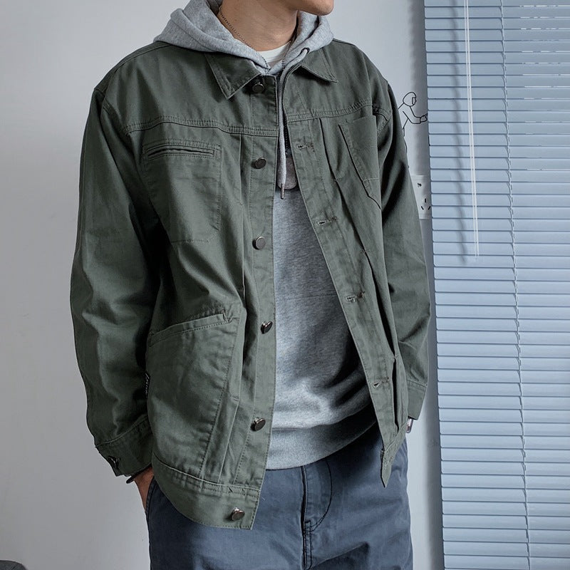 saferido -shop black men fashion urban Spring and Autumn Casual Workwear Jacket Men's Long-Sleeved Retro Solid Color Men's Jacket Loose Men's Trendy Outerwear