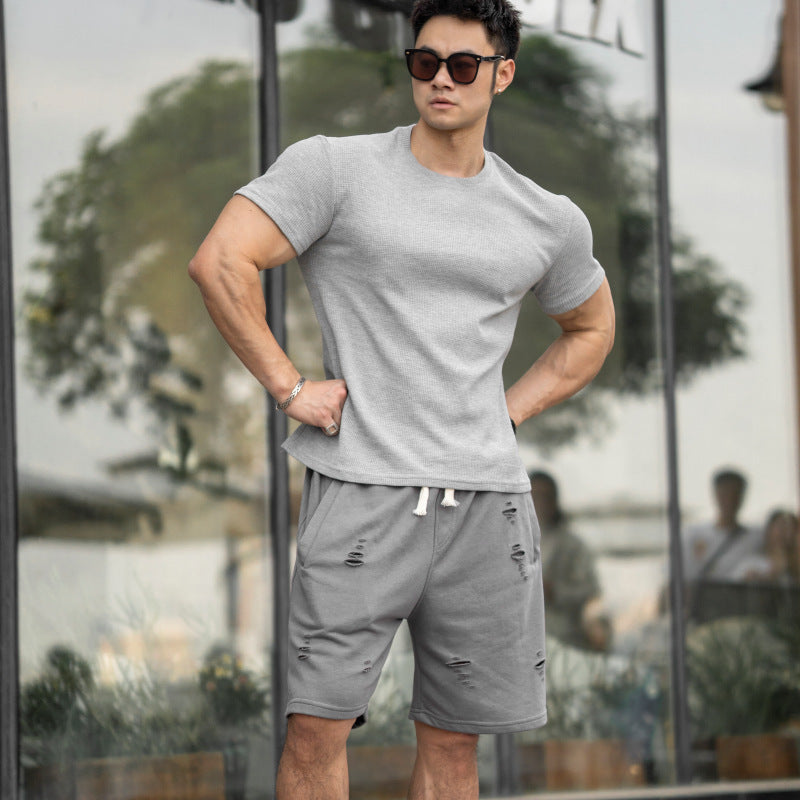 saferido -shop masculine men American-Style Thickened Fitness Men's Summer round Neck Short Sleeve Stretch Slim Fit Sports Trendy Bodybuilding Outdoor Quick-Drying T-shirt