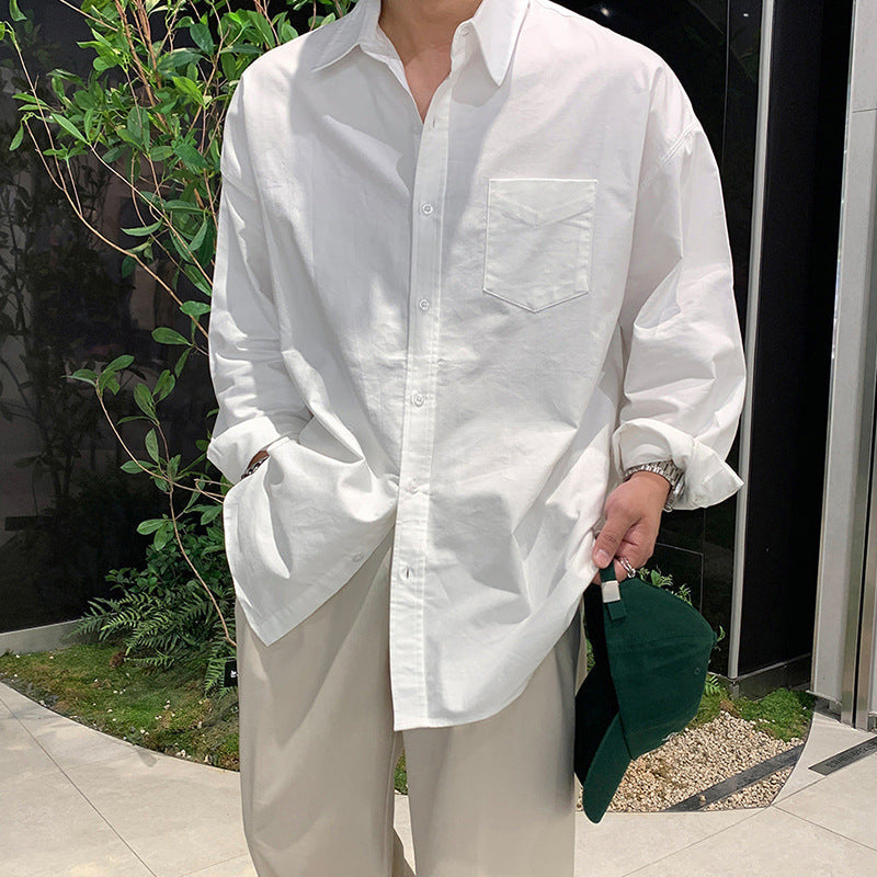 saferido mens fashion Youth White Shirt Men's Spring and Autumn New Korean Style Simple Solid Color Long Sleeve Shirt Loose Lazy Style Cotton