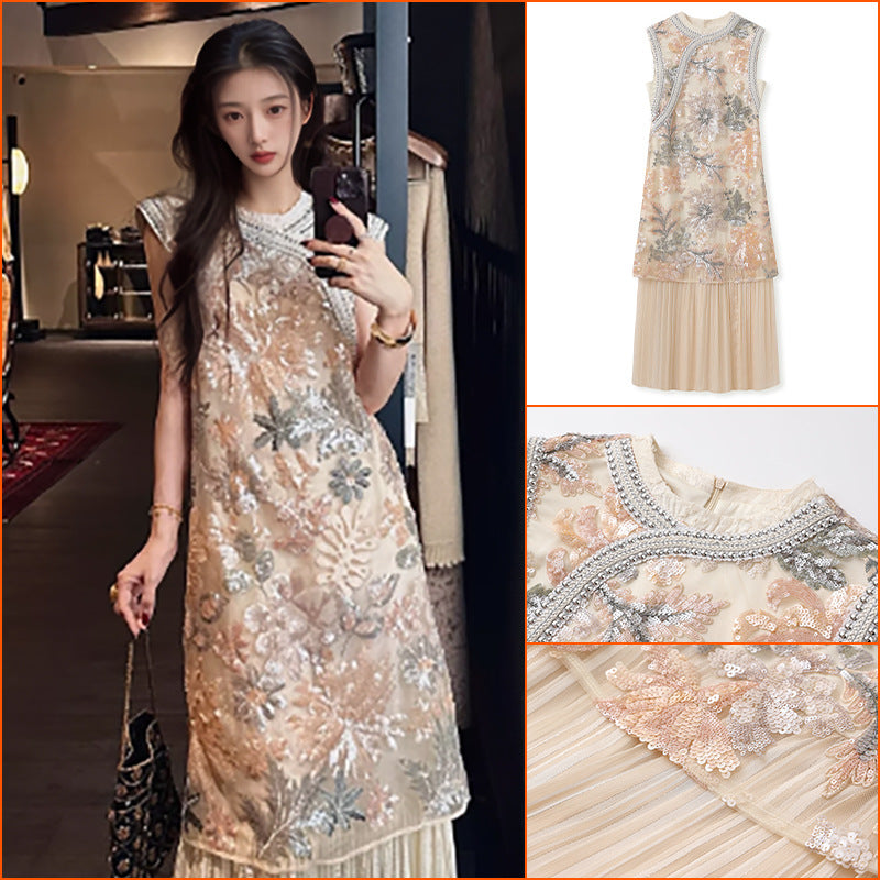 New Chinese high-end heavy industry embroidery improved cheongsam dress summer new national style splicing dress women N4073