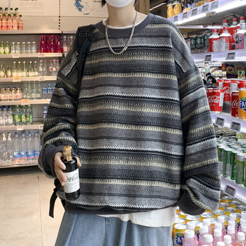 saferido -shop boy outfits Hong Kong Style Retro Striped Sweater Men's Autumn and Winter New Ins Trendy Korean Style Loose Couple Pullover Color Matching Sports Jacket