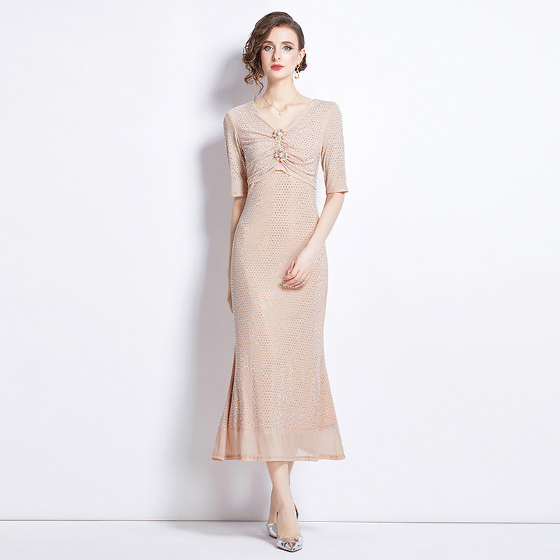 Bright sequined fishtail skirt light luxury imperial sister style Muse fan long sleeve v neck sexy dress temperament dress