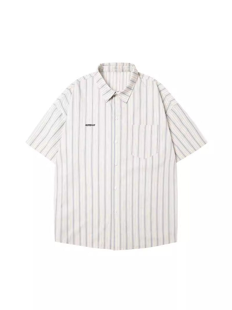 Korean style niche striped short-sleeved shirt summer new men's shirt jacket summer loose casual tops
