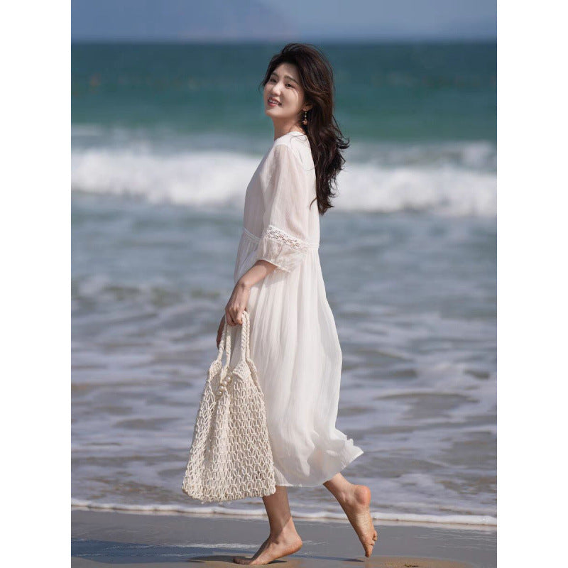 summer new loose large size fairy style dress female temperament literary and retro waist and thin skirt female