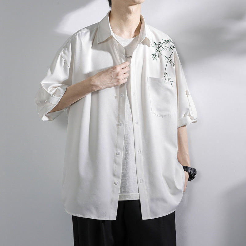 Ice silk shirt men's short sleeves summer trendy bamboo new Chinese style men's clothing Chinese style tops loose casual three-quarter sleeves