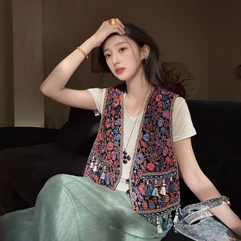 National style high-end retro style sleeveless temperament vest summer new Chinese embroidered fringed short vest N4078