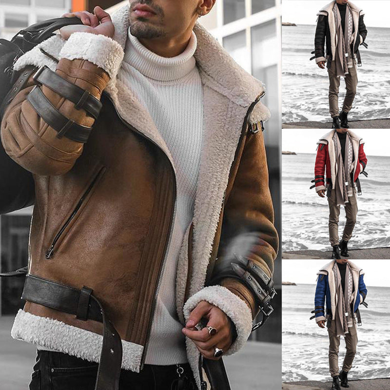 2025 supply lamb wool lapel zipper PU fur integrated coat loose casual men's jacket
