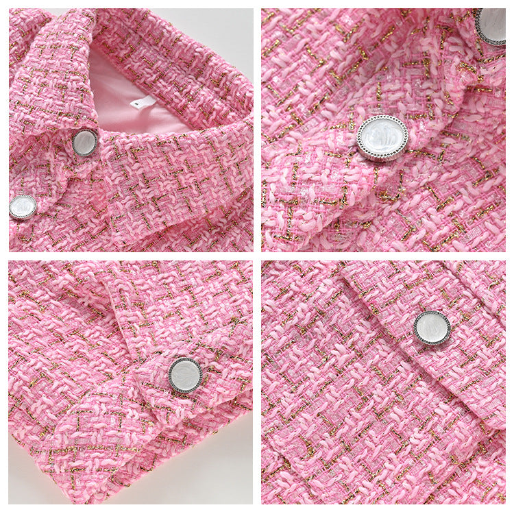 24 Spring and summer new pink tweed suit skirt small short coat high waist skirt two-piece set L1064