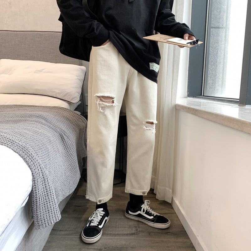 saferido 90s fashion men 2024 Black Ripped Jeans Men's Summer Thin Korean Style Trendy Cropped Pants Hong Kong Style Ruffle Handsome Retro Pants
