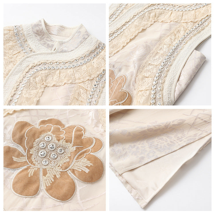 New Chinese style light luxury stand-up collar bead embroidery sleeveless sequins loose silk vest dress set MY012
