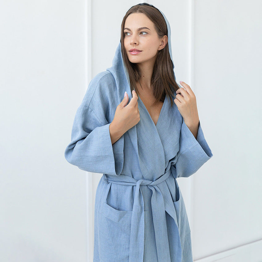 SAFERIDO 2025 Hot trade spring new style pure cotton blue hooded lace-up pocket nightgown women's loungewear loose and casual