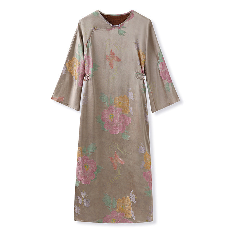 national style new Chinese printing design sense split silk cheongsam dress slim slim dress M6065