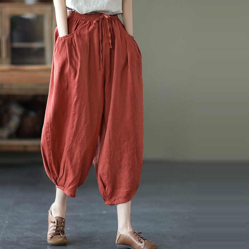 summer new literary and retro casual versatile nine-point pants loose large size thin temperament solid color Harlan pants