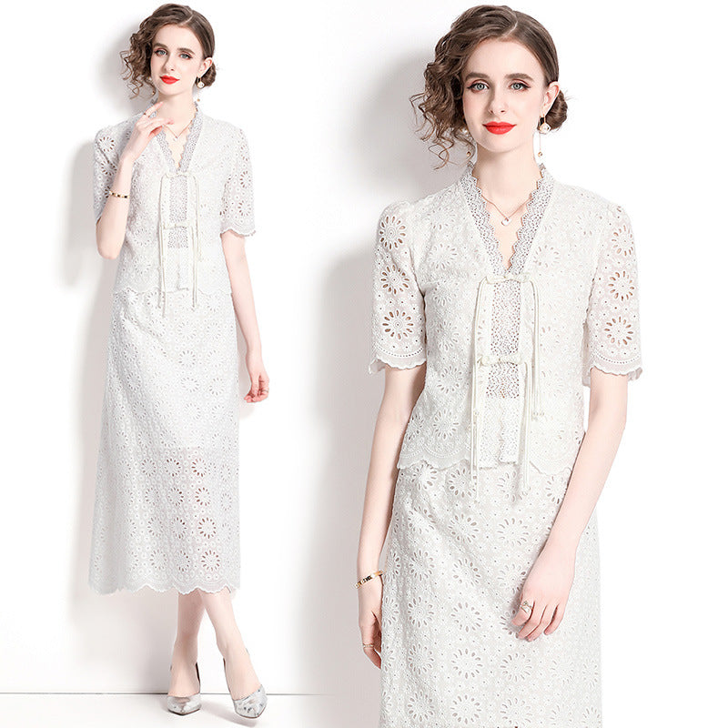Summer new high-end coffee break skirt lace thin new Chinese improved cheongsam national style set two-piece set
