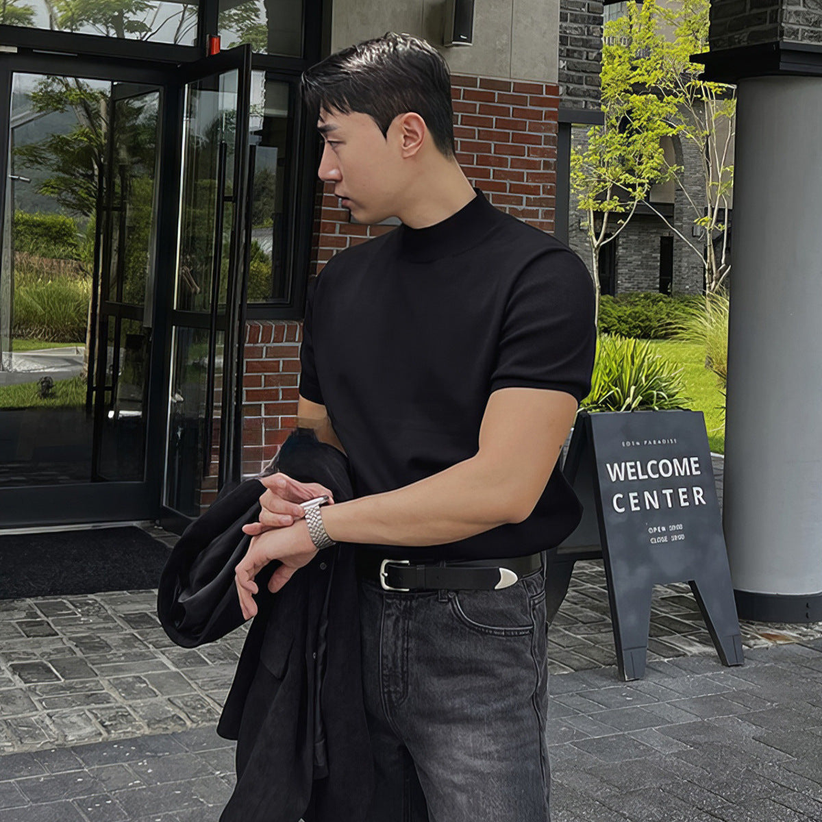 saferido -shop black men fashion urban Black Half Turtleneck Pullover Knitted T-shirt Men's American-Style Men's Short-Sleeved Sweater Trendy Slim Bottoming Half-Sleeved Shirt