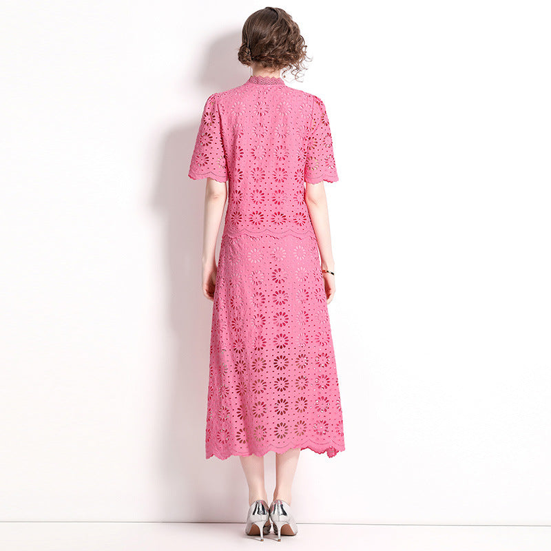 Live stream with goods Internet celebrity Popular style lace retro skirt set fashion buckle short sleeve top long skirt two-piece set