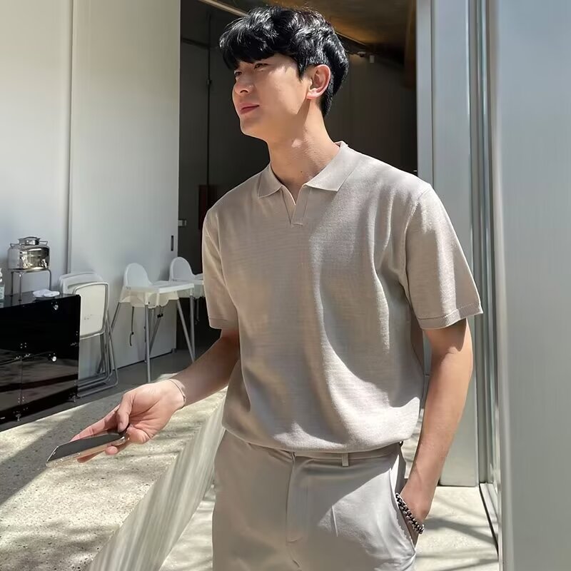 saferido      -shop classy outfits men Lapel Business Polo Men's Sweater Seagull Collar T-shirt Men's Casual Solid Color Slim Fit American Men's Summer Short Sleeve