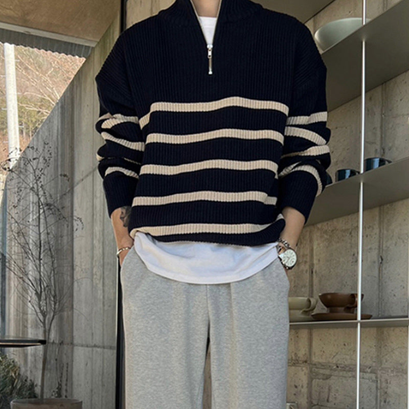 saferido -shop mens fall fashion Japanese Style Thick Striped Sweater Men's Autumn and Winter New Korean Style Trendy Loose Pullover Wool Sweater Top