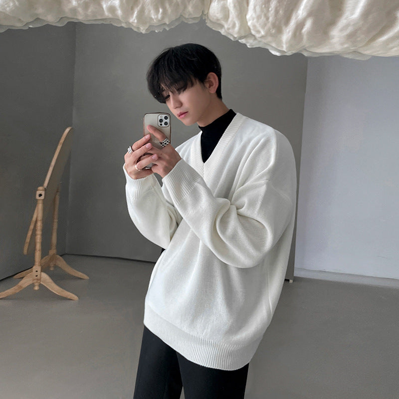 saferido fall outfit men Sweater Men's Autumn and Winter Korean Style Trendy Sweater Jacket Loose Lazy Style White V-neck Pullover Sweater