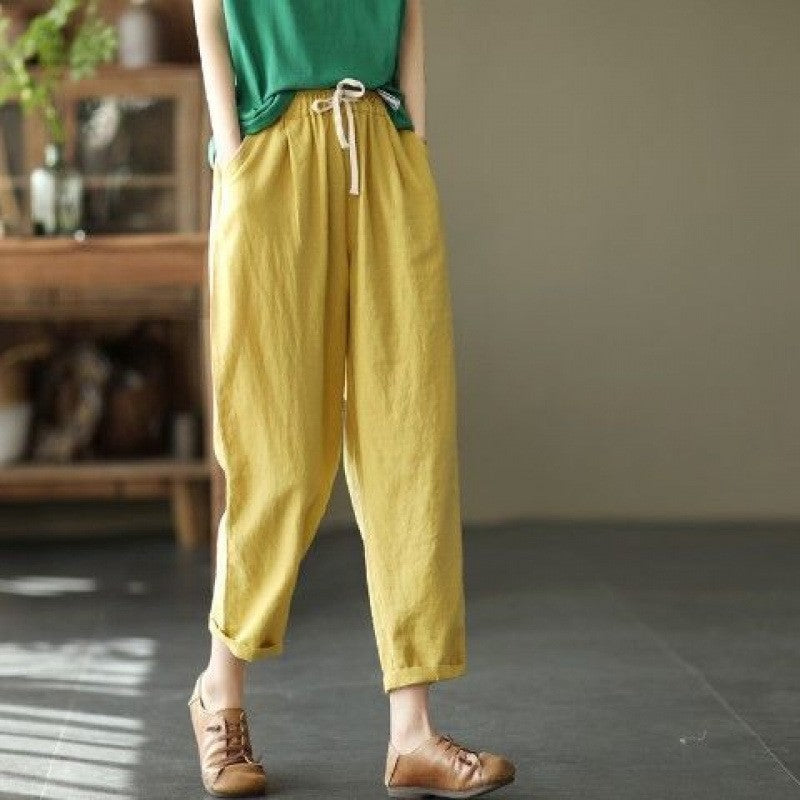 summer new literary and retro solid color simple Harlan pants loose large size versatile casual nine-point pants women