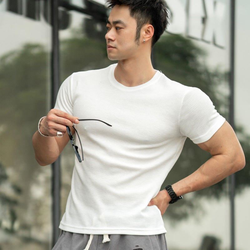 saferido -shop masculine men American-Style Thickened Fitness Men's Summer round Neck Short Sleeve Stretch Slim Fit Sports Trendy Bodybuilding Outdoor Quick-Drying T-shirt