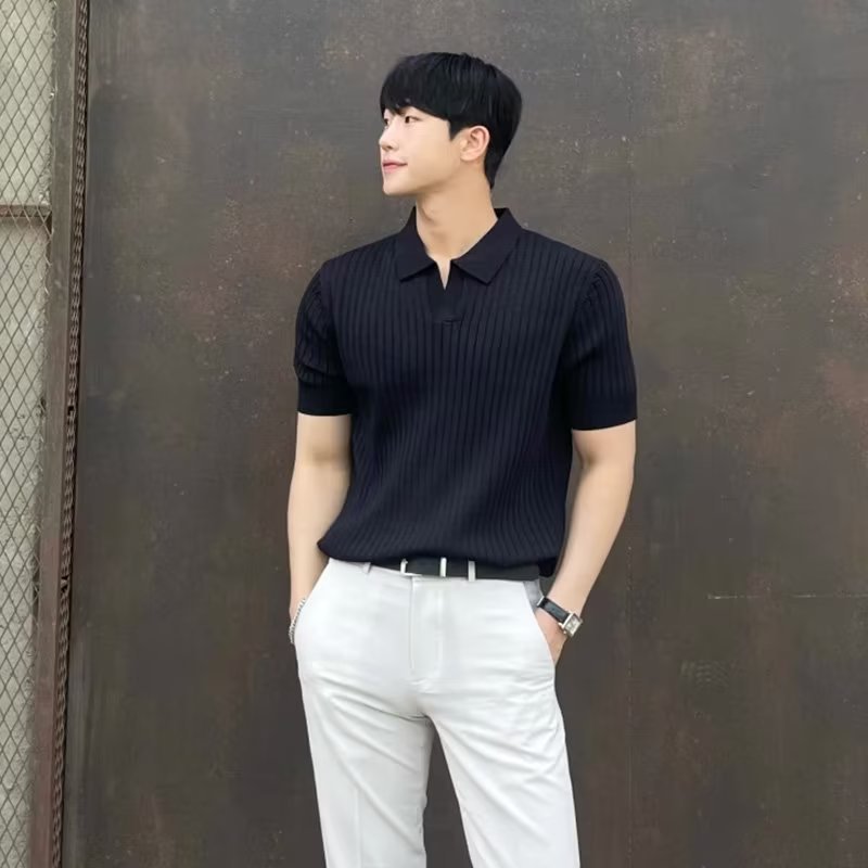 saferido -shop old money outfits men Summer New Ins Business Light Mature Style High Quality Casual Lapel Slim Sweater Men's Polo Short Sleeve Fashion
