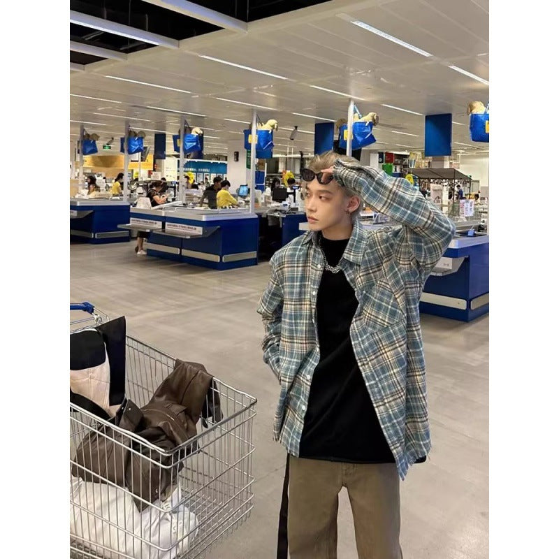 saferido      -shop 90s fashion men American Retro Plaid Shirt Street Casual All-Match Plaid Loose Plaid Long Sleeve Fashion Brand Shirt for Men and Women