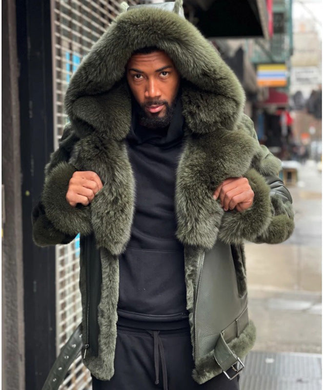 2025 New wish green big fur collar hooded thickened velvet men's leather jacket 6559