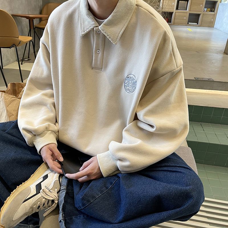 saferido outfit inspo Polo Collar Spring and Autumn Sweater Men's Ins Korean Style Trendy Loose Lazy Style Coat Spring Trendy Handsome All-Match Top Clothes